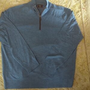 Untuckit Sweater Mens XXL Blue 100% Extra Fine Merino Wool Mock Neck 1/4 Zip